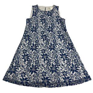 Eliza J A-Line Dress Women's 6 White Blue Floral Lace Overlay Sleeveless Keyhole